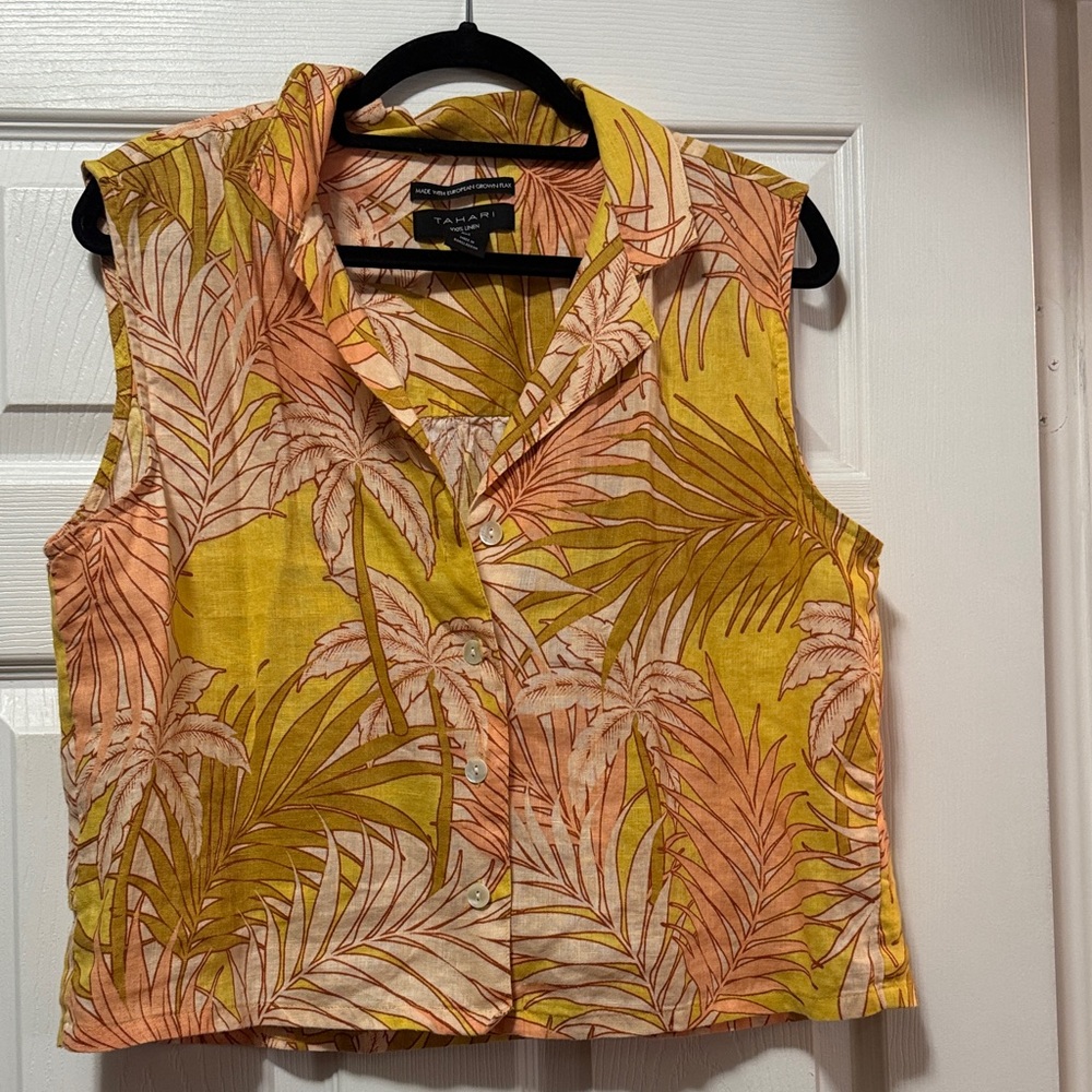 Tahari Yellow and Pink Tropical Button Down Shirt